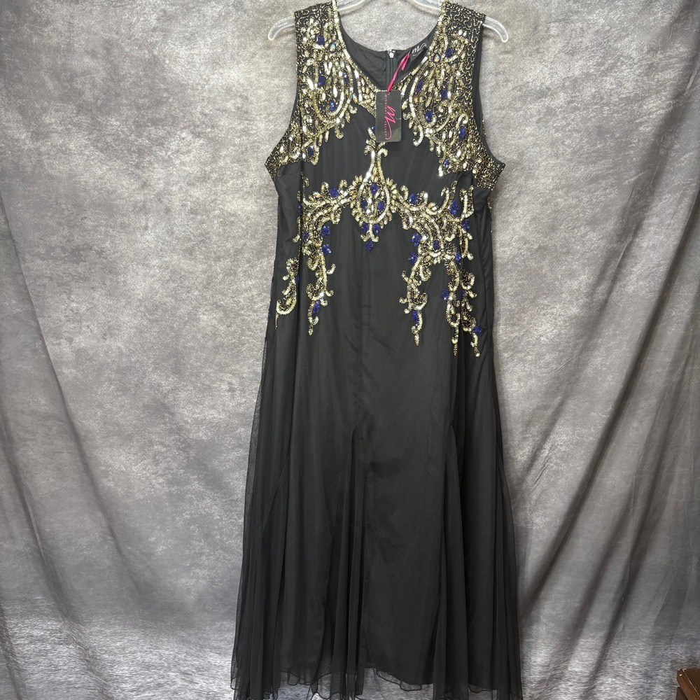 Midnight Velvet Black Gold Beaded Sequin Maxi Gown Dress Plus Size 22W Gatsby